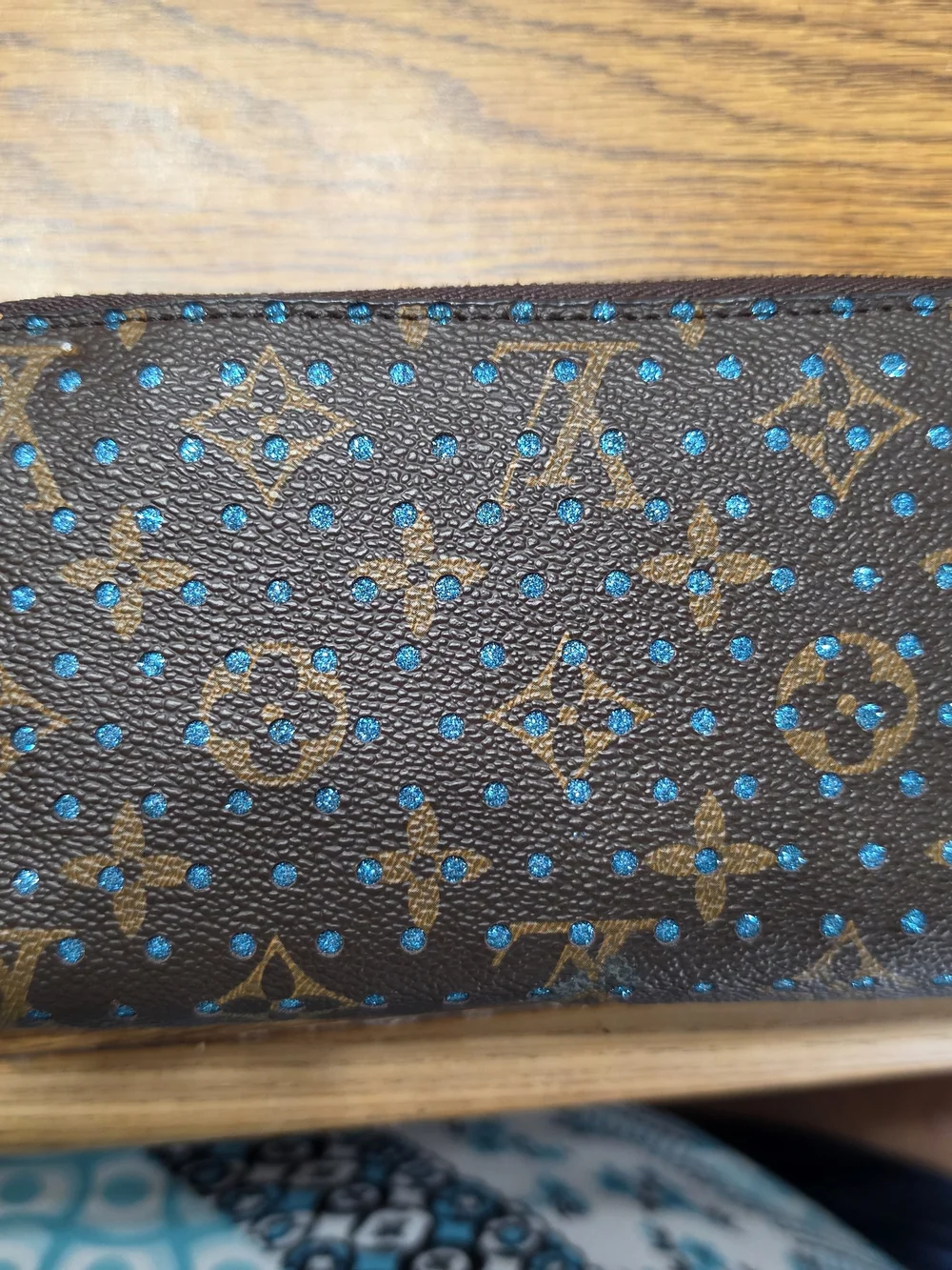 Designer Inspired Brown Monogram Card Holder with Blue Dot Accents
